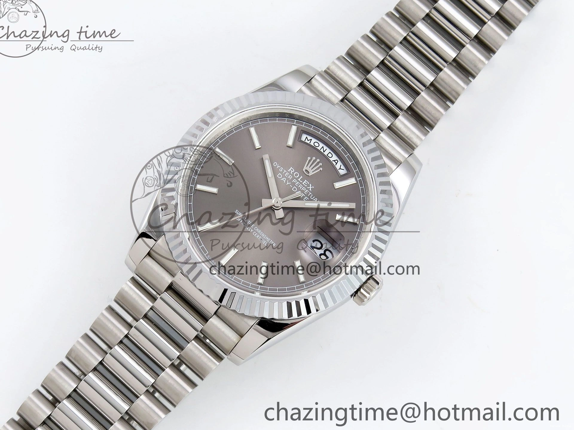 0516 FreshLook DayDate 40 SS JDF 904L Steel Gray Stick Dial on President Bracelet VR3255 V3 (Gain Weight) 1446